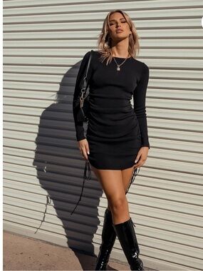 Lioness | Dresses | Lioness Military Minds Lon Sleeve Ruched Knit Mini Dress Black Bodycon Nwt4